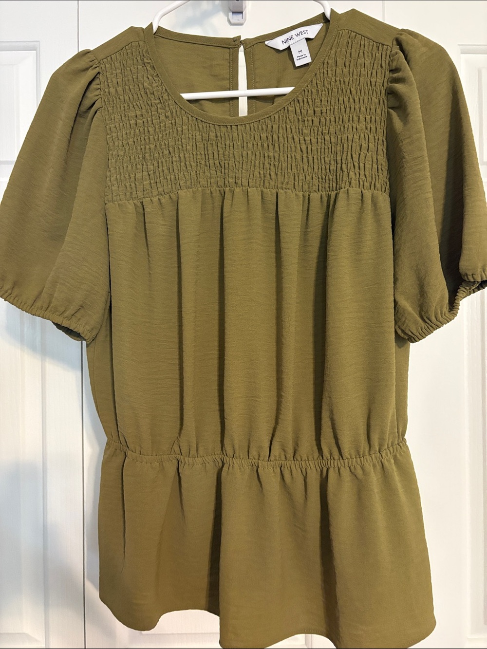 Nine West Olive Smocked Yoke Peplum Blouse